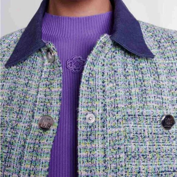 Maje Blue Tweed Cropped Jacket - Size 42, L-XL - Picture 2 of 5